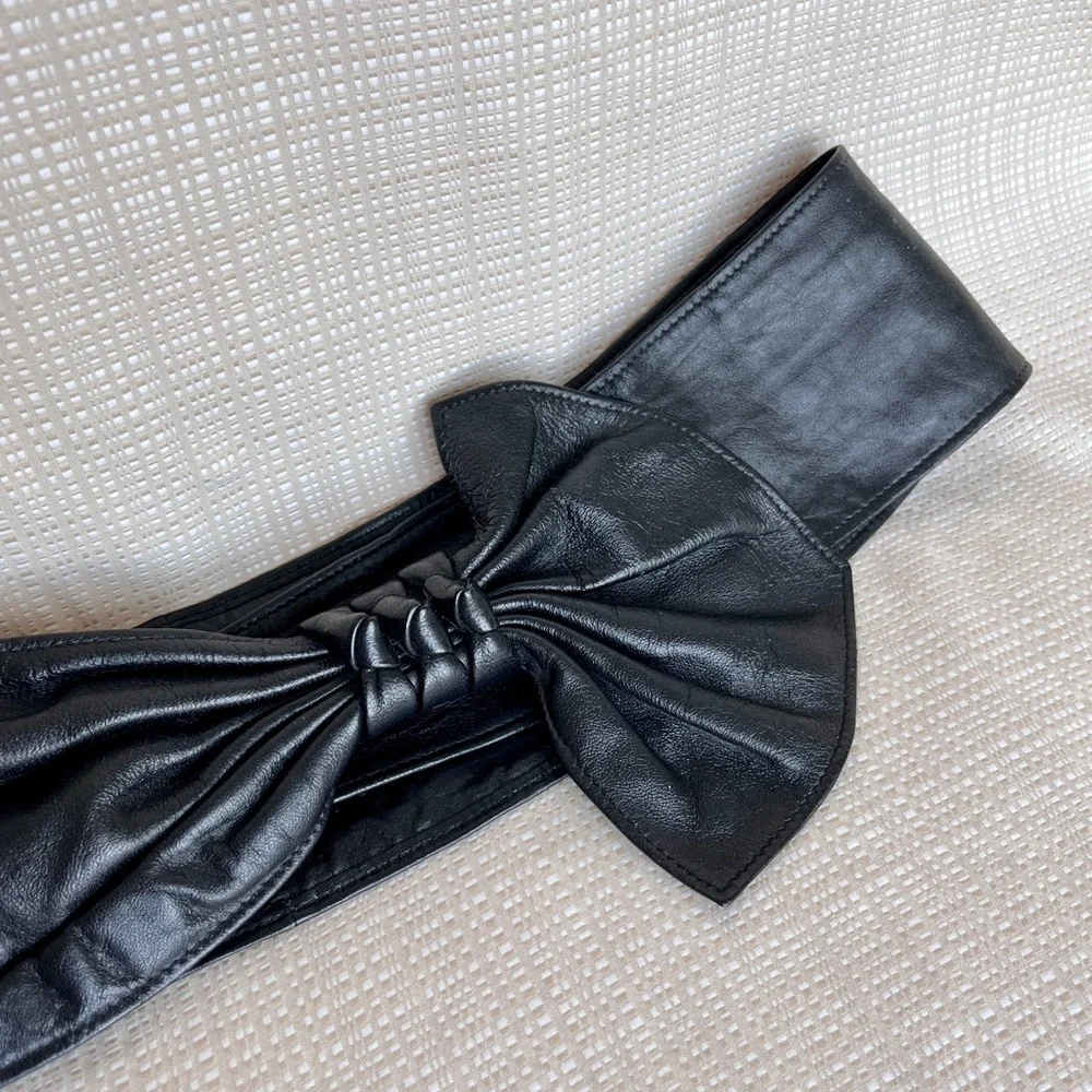 Vintage 80s 90s Cinched Bow Statement Belt Sash Belt Cinch Waist Belt Black